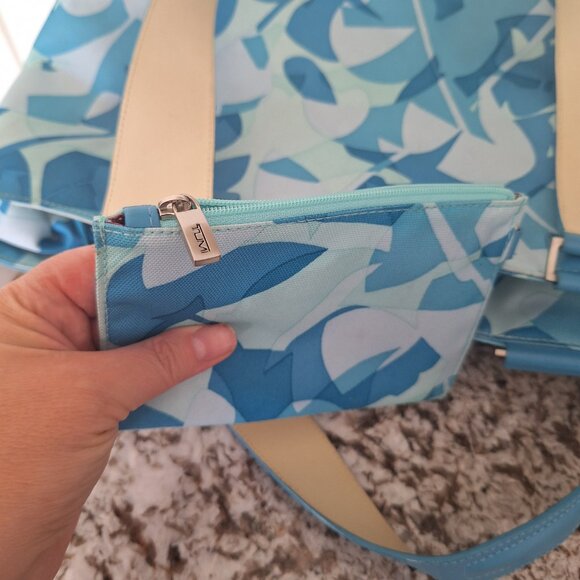 Tumi Womens Open Top Tote Handbag Double Strap, Blue  Leaf Canvas, Leather Trim - Picture 10 of 12